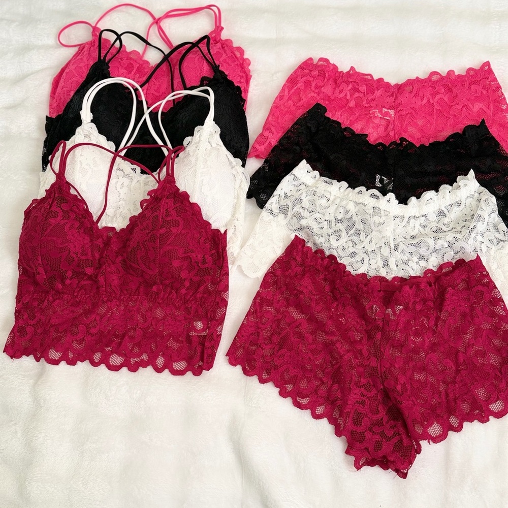Lace Bralette & Short Set - Pink, Black, White, Burgundy